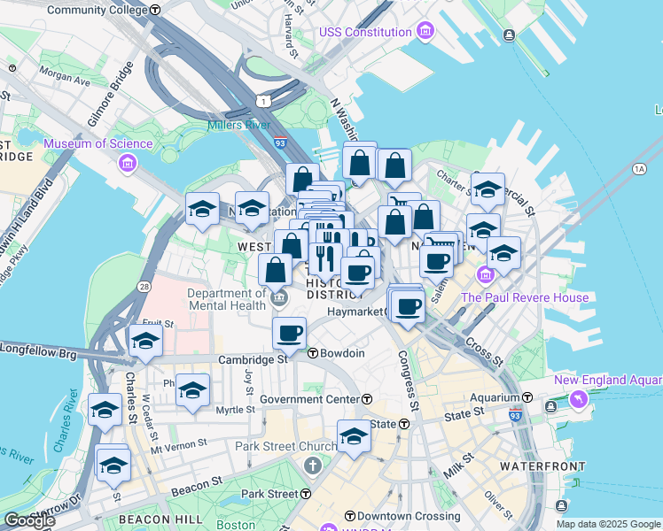 map of restaurants, bars, coffee shops, grocery stores, and more near in Boston