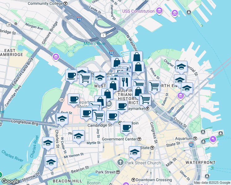 map of restaurants, bars, coffee shops, grocery stores, and more near 40 Lancaster Street in Boston