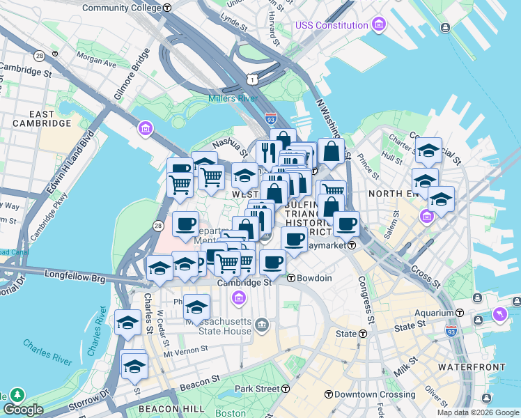 map of restaurants, bars, coffee shops, grocery stores, and more near 150 Staniford Street in Boston