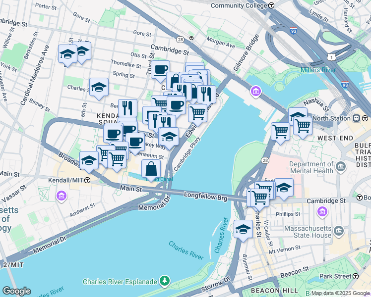 map of restaurants, bars, coffee shops, grocery stores, and more near 245 First Street in Cambridge