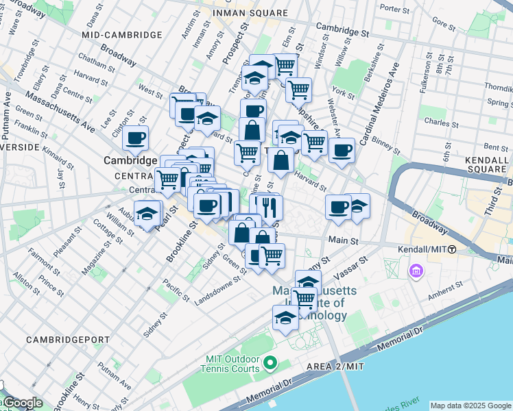 map of restaurants, bars, coffee shops, grocery stores, and more near 23 Pine Street in Cambridge