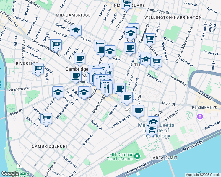 map of restaurants, bars, coffee shops, grocery stores, and more near 70 Bishop Allen Drive in Cambridge