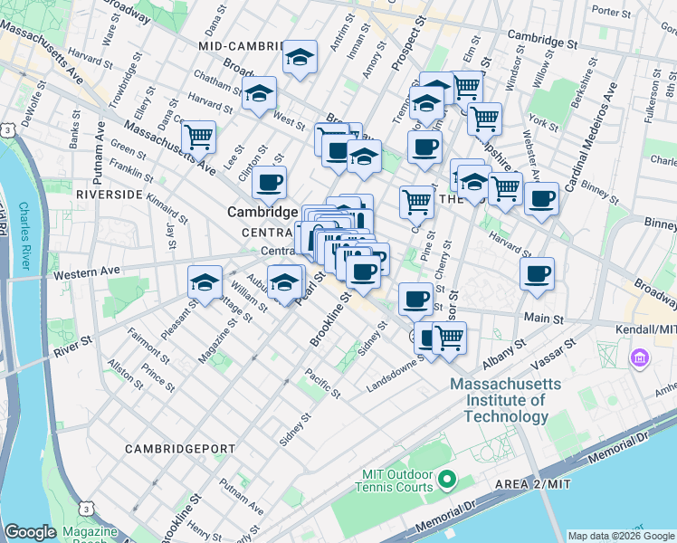 map of restaurants, bars, coffee shops, grocery stores, and more near 70 Bishop Allen Drive in Cambridge