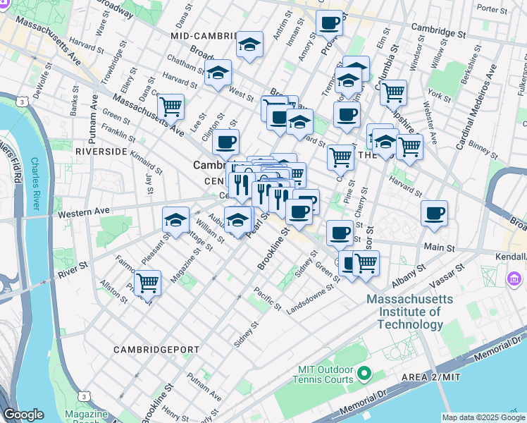 map of restaurants, bars, coffee shops, grocery stores, and more near in Cambridge