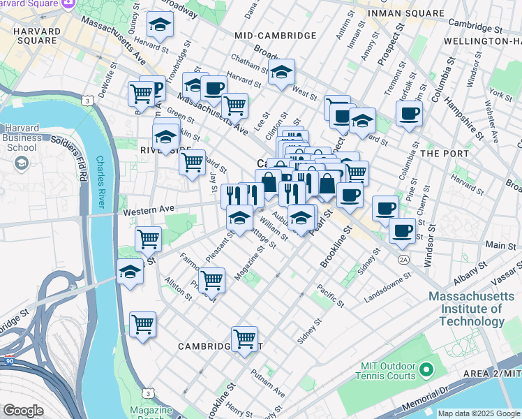 map of restaurants, bars, coffee shops, grocery stores, and more near 75 River Street in Cambridge