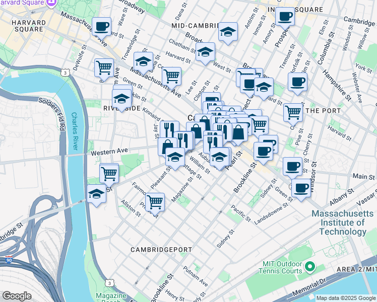map of restaurants, bars, coffee shops, grocery stores, and more near 75 River Street in Cambridge