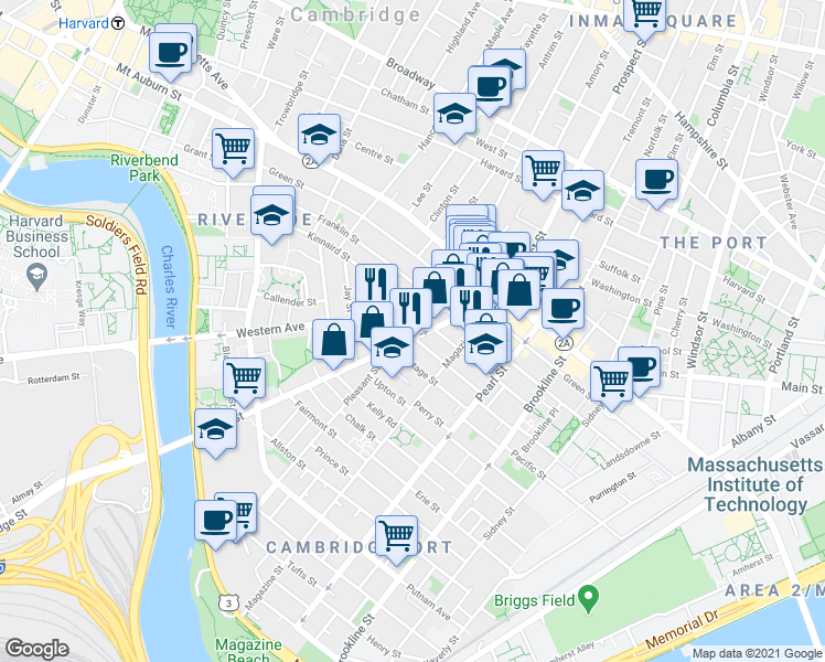 map of restaurants, bars, coffee shops, grocery stores, and more near 77 River Street in Cambridge