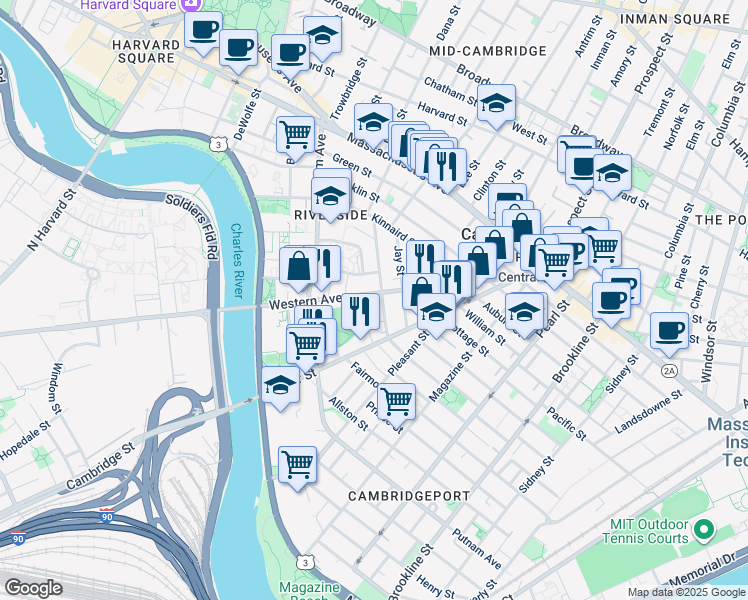 map of restaurants, bars, coffee shops, grocery stores, and more near 22 Howard Street in Cambridge