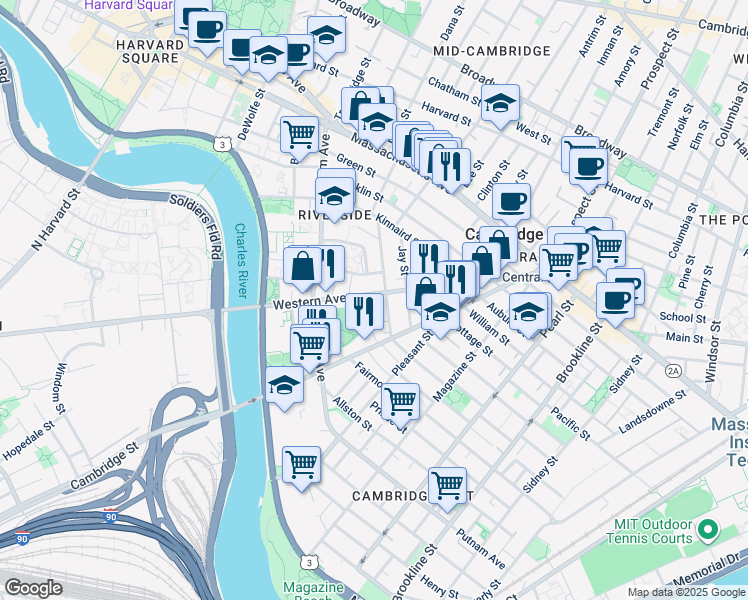 map of restaurants, bars, coffee shops, grocery stores, and more near 260 Western Avenue in Cambridge
