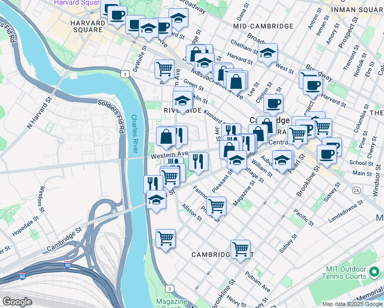 map of restaurants, bars, coffee shops, grocery stores, and more near 260 Western Avenue in Cambridge