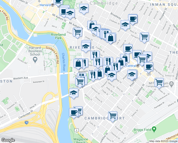 map of restaurants, bars, coffee shops, grocery stores, and more near 260 Western Avenue in Cambridge