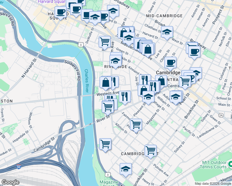 map of restaurants, bars, coffee shops, grocery stores, and more near 336 Western Avenue in Cambridge