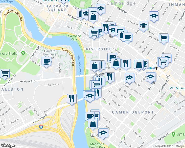 map of restaurants, bars, coffee shops, grocery stores, and more near 381-383 Western Avenue in Cambridge