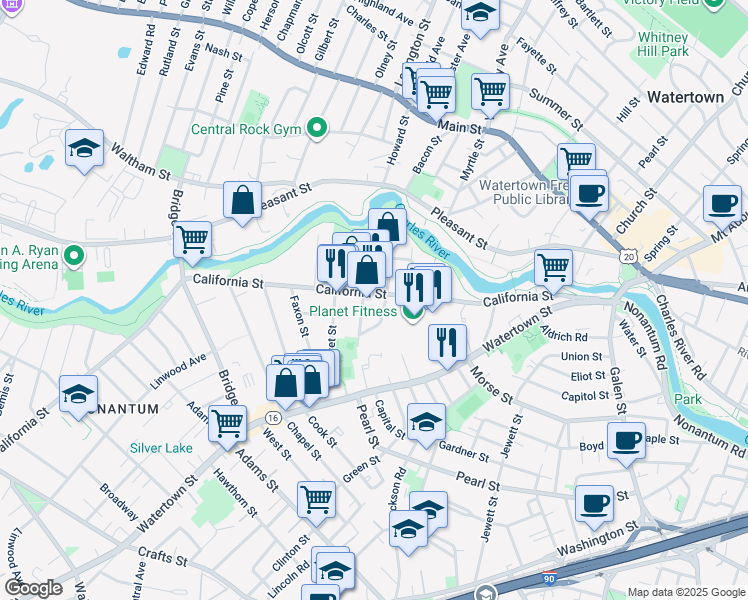 map of restaurants, bars, coffee shops, grocery stores, and more near 194 California Street in Newton