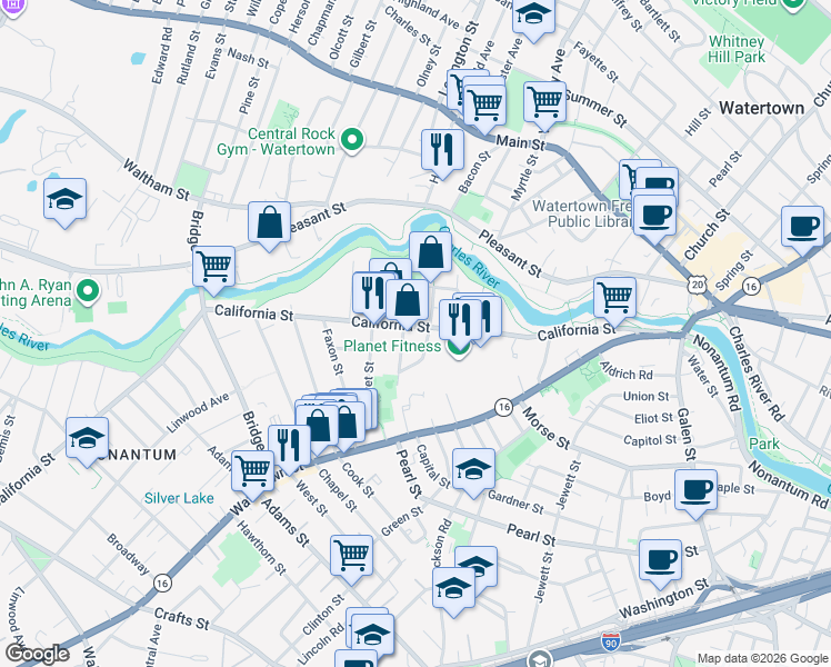 map of restaurants, bars, coffee shops, grocery stores, and more near 194 California Street in Newton