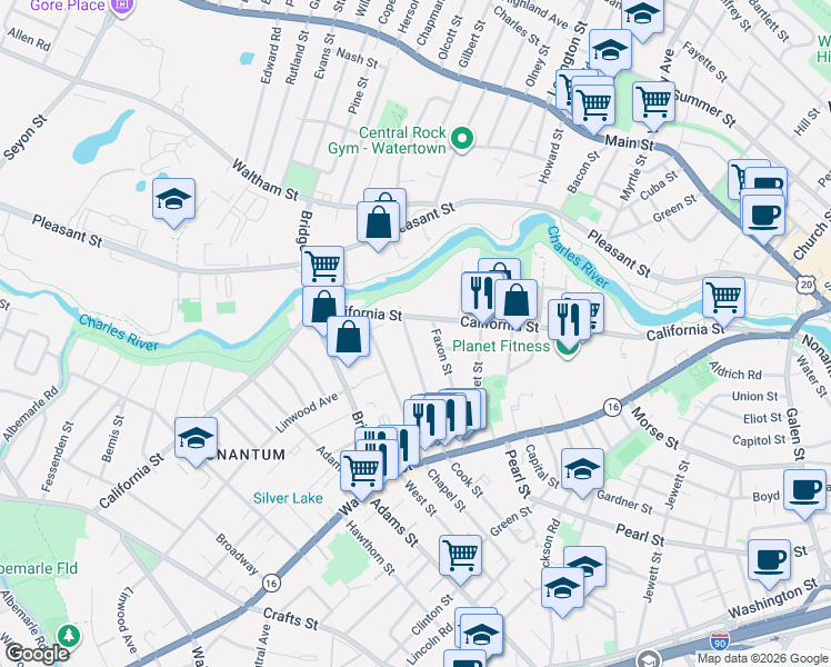 map of restaurants, bars, coffee shops, grocery stores, and more near 16 Dalby Street in Newton