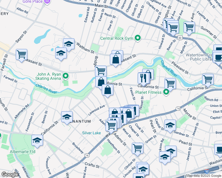 map of restaurants, bars, coffee shops, grocery stores, and more near 16 Chapel Street in Newton