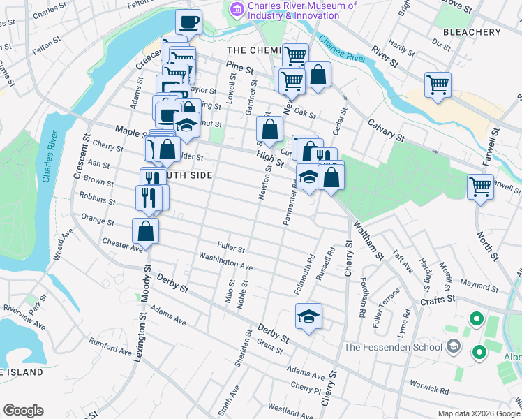 map of restaurants, bars, coffee shops, grocery stores, and more near 235 Ash Street in Waltham