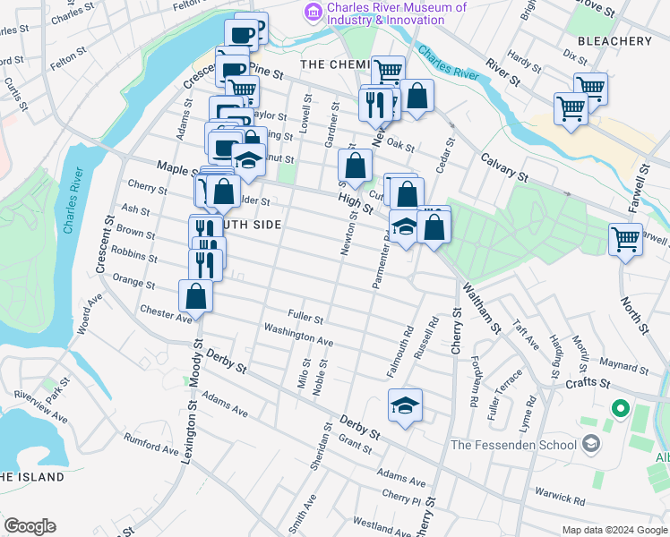 map of restaurants, bars, coffee shops, grocery stores, and more near 235 Ash Street in Waltham