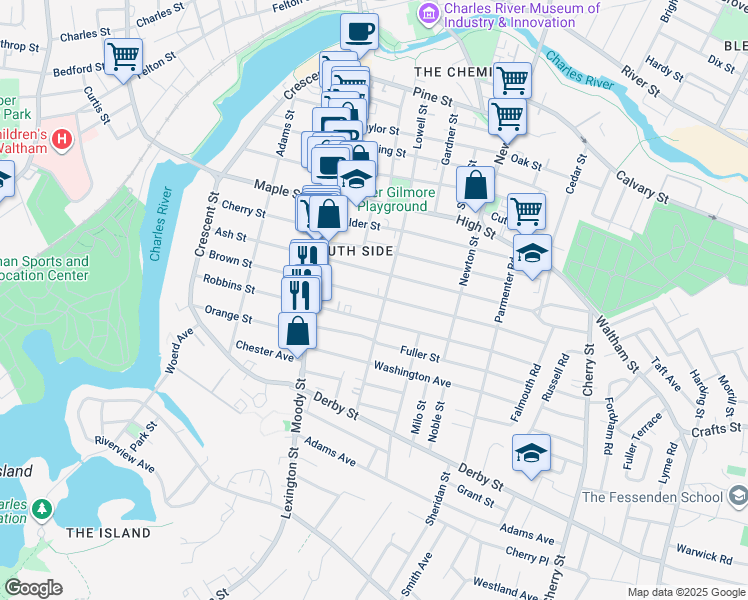 map of restaurants, bars, coffee shops, grocery stores, and more near 147-149 Brown Street in Waltham