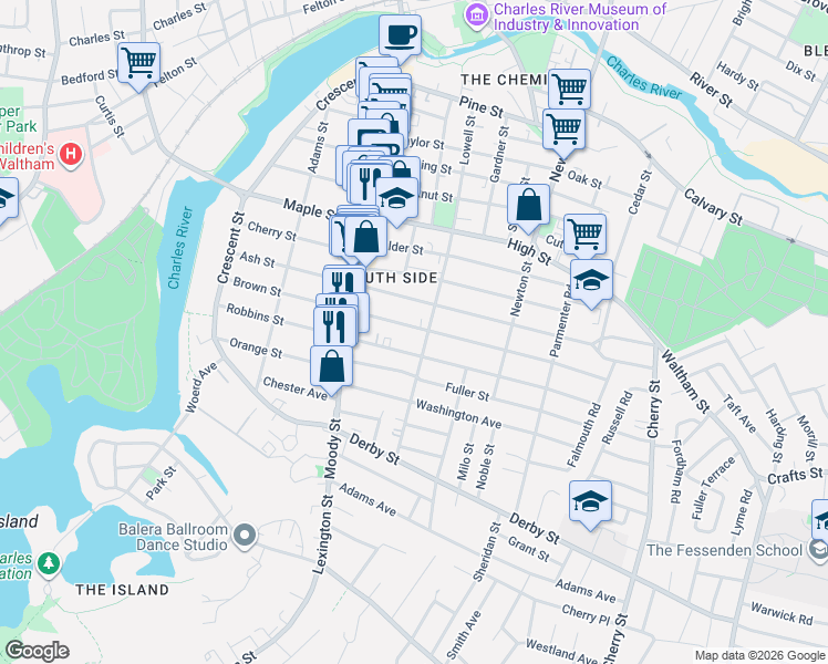 map of restaurants, bars, coffee shops, grocery stores, and more near 147-149 Brown Street in Waltham