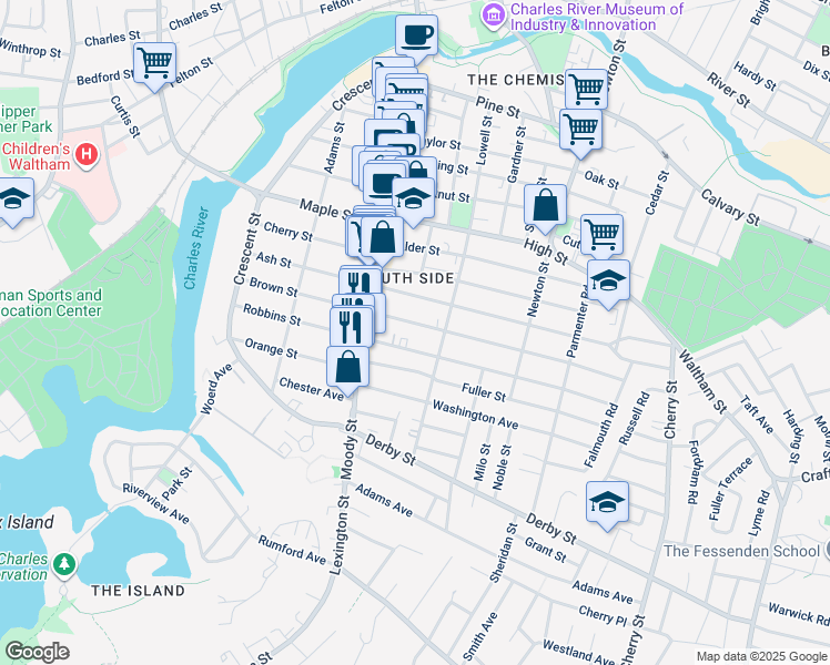 map of restaurants, bars, coffee shops, grocery stores, and more near 147-149 Brown Street in Waltham