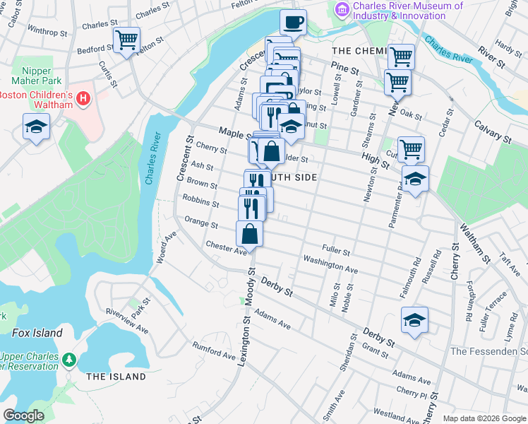 map of restaurants, bars, coffee shops, grocery stores, and more near 116 Robbins Street in Waltham