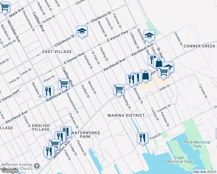 map of restaurants, bars, coffee shops, grocery stores, and more near 1476 Saint Clair Street in Detroit