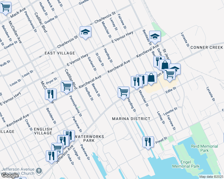map of restaurants, bars, coffee shops, grocery stores, and more near 1476 Saint Clair Street in Detroit