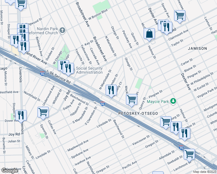 map of restaurants, bars, coffee shops, grocery stores, and more near 8867 North Clarendon Street in Detroit