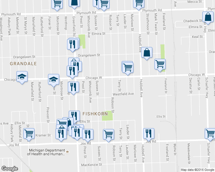 map of restaurants, bars, coffee shops, grocery stores, and more near 9387 Coyle Street in Detroit