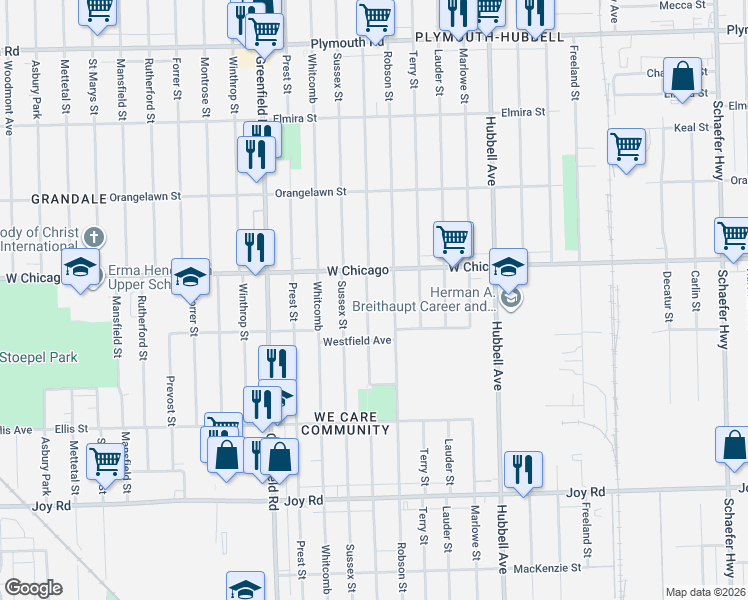 map of restaurants, bars, coffee shops, grocery stores, and more near 9387 Coyle Street in Detroit