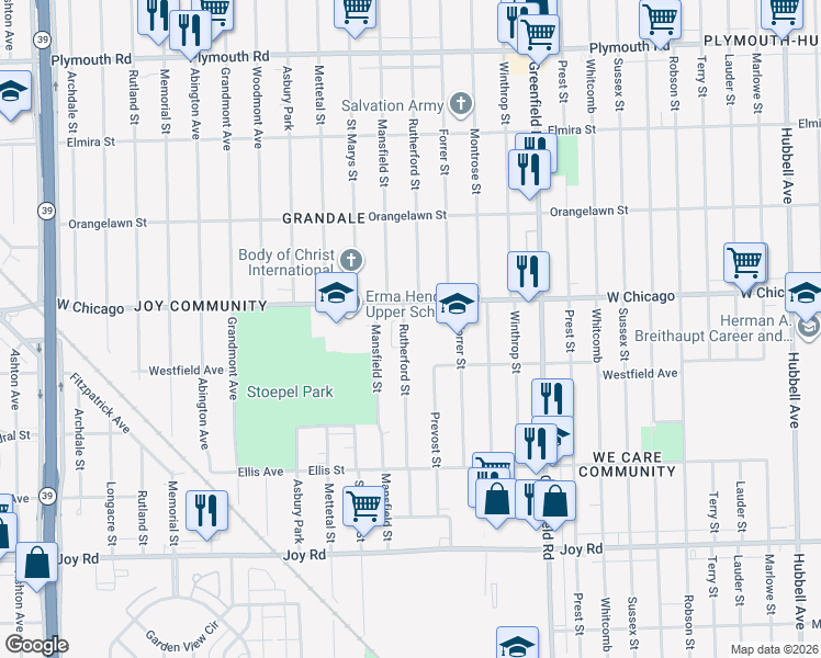 map of restaurants, bars, coffee shops, grocery stores, and more near 9358 Rutherford Street in Detroit