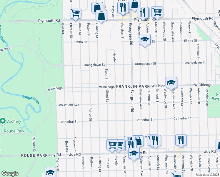 map of restaurants, bars, coffee shops, grocery stores, and more near 20201 West Chicago in Detroit
