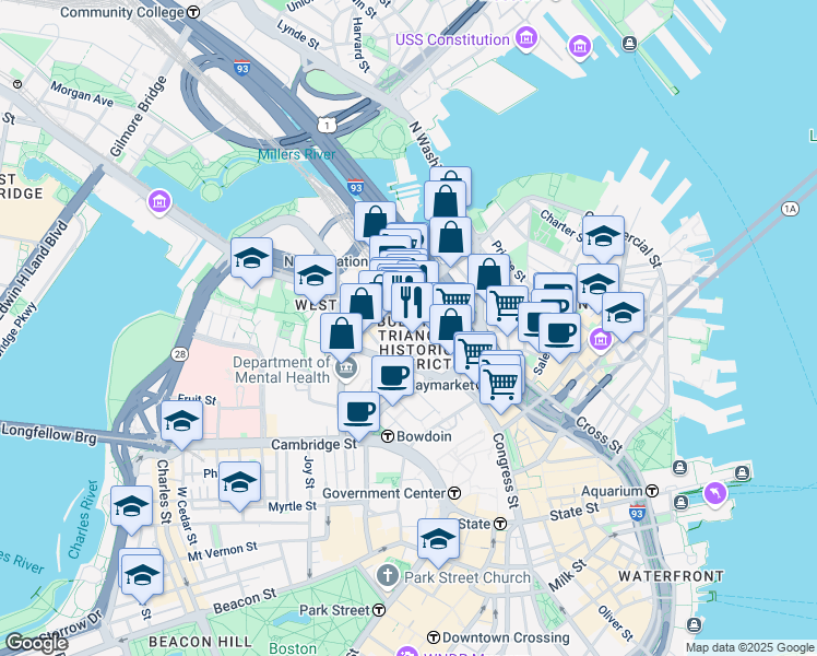 map of restaurants, bars, coffee shops, grocery stores, and more near 231 Friend Street in Boston