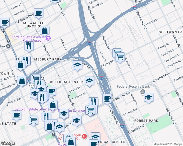 map of restaurants, bars, coffee shops, grocery stores, and more near 676 East Ferry Street in Detroit