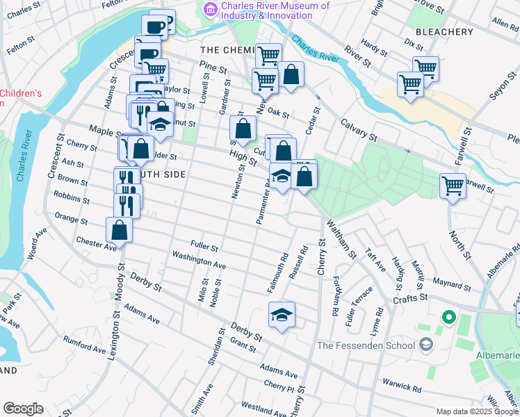map of restaurants, bars, coffee shops, grocery stores, and more near 266 Ash Street in Waltham