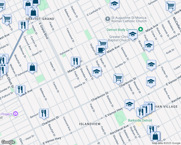 map of restaurants, bars, coffee shops, grocery stores, and more near 3456 Townsend Street in Detroit