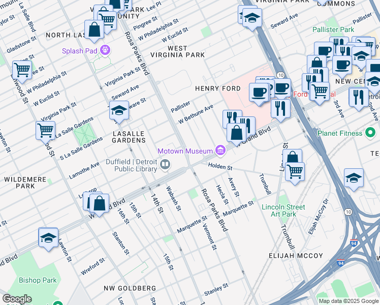 map of restaurants, bars, coffee shops, grocery stores, and more near 7350 Rosa Parks Boulevard in Detroit