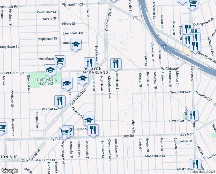 map of restaurants, bars, coffee shops, grocery stores, and more near 9351 Cloverlawn Avenue in Detroit