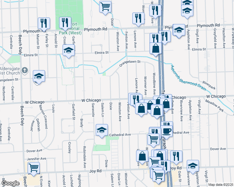 map of restaurants, bars, coffee shops, grocery stores, and more near 9535 Winston in Redford Charter Township
