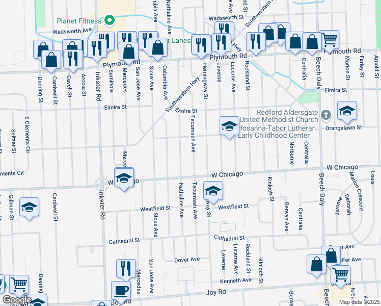 map of restaurants, bars, coffee shops, grocery stores, and more near 9599 Tecumseh in Redford Charter Township