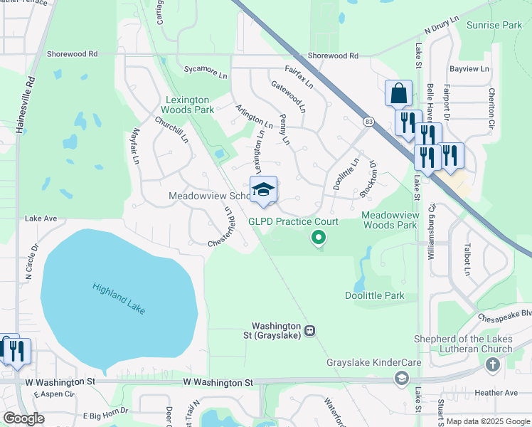 map of restaurants, bars, coffee shops, grocery stores, and more near 291 Lexington Lane in Grayslake
