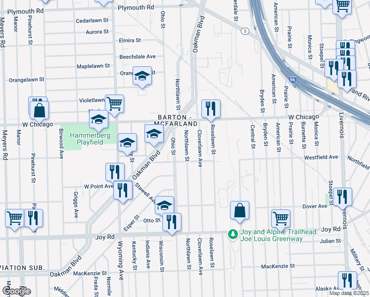 map of restaurants, bars, coffee shops, grocery stores, and more near 9361 Northlawn Street in Detroit