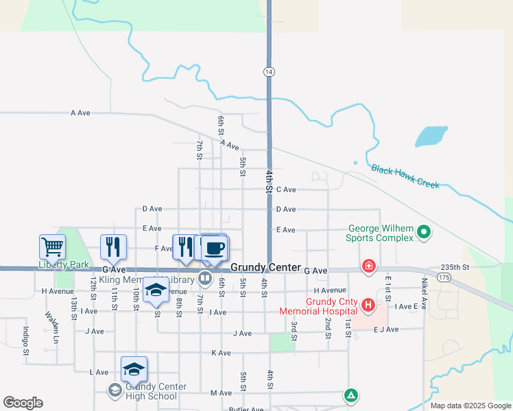map of restaurants, bars, coffee shops, grocery stores, and more near 405 D Avenue in Grundy Center