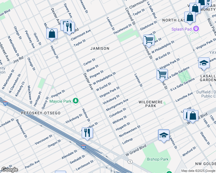 map of restaurants, bars, coffee shops, grocery stores, and more near 3273 West Euclid Street in Detroit