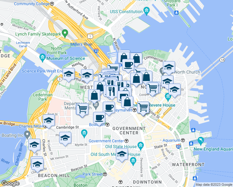 map of restaurants, bars, coffee shops, grocery stores, and more near 225 Friend Street in Boston