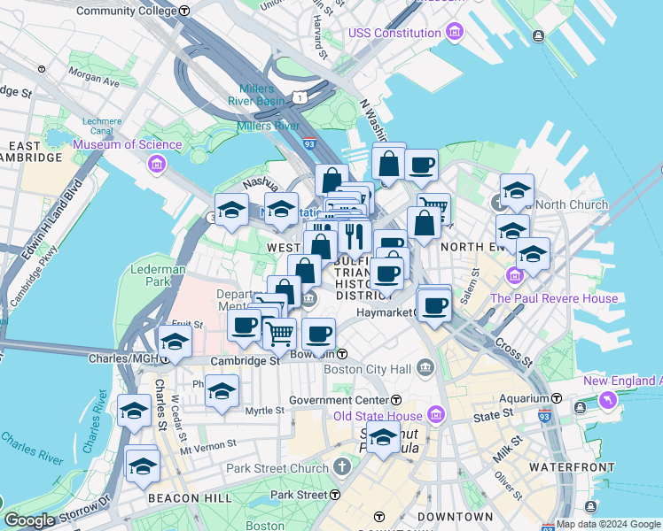 map of restaurants, bars, coffee shops, grocery stores, and more near 73-75 Causeway St in Boston