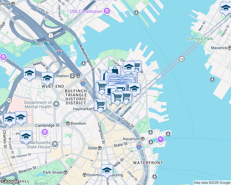 map of restaurants, bars, coffee shops, grocery stores, and more near in Boston