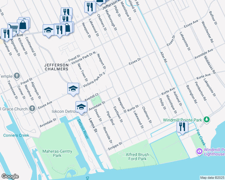 map of restaurants, bars, coffee shops, grocery stores, and more near 429 Newport Street in Detroit